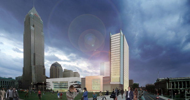 A rendering shows the approximate location and size of the proposed convention center hotel in downtown Cleveland. (Cuyahoga County )